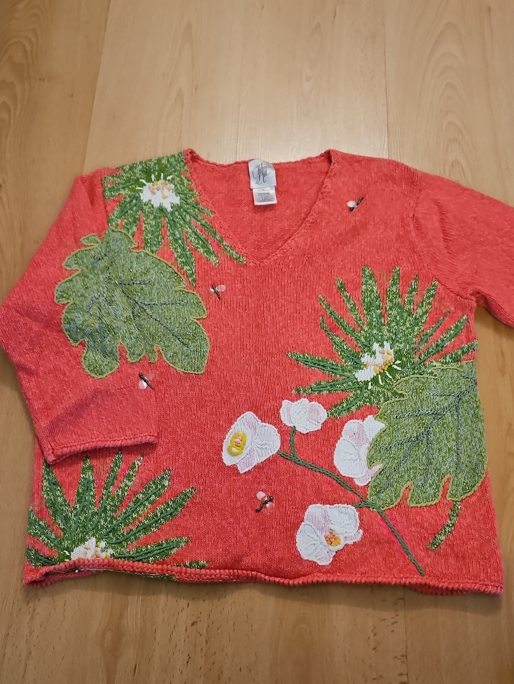 Vintage Coral Embroidered Knit Sweater